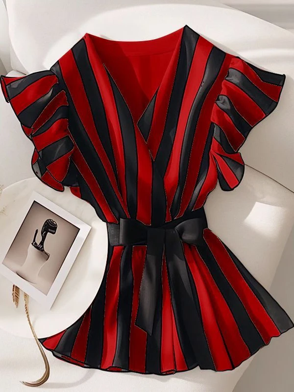 Ele minceur Bla blanc haut rayé Faionable Little Fly Sve irt Sli trajet Sle coupe ample ort Sve V Ne