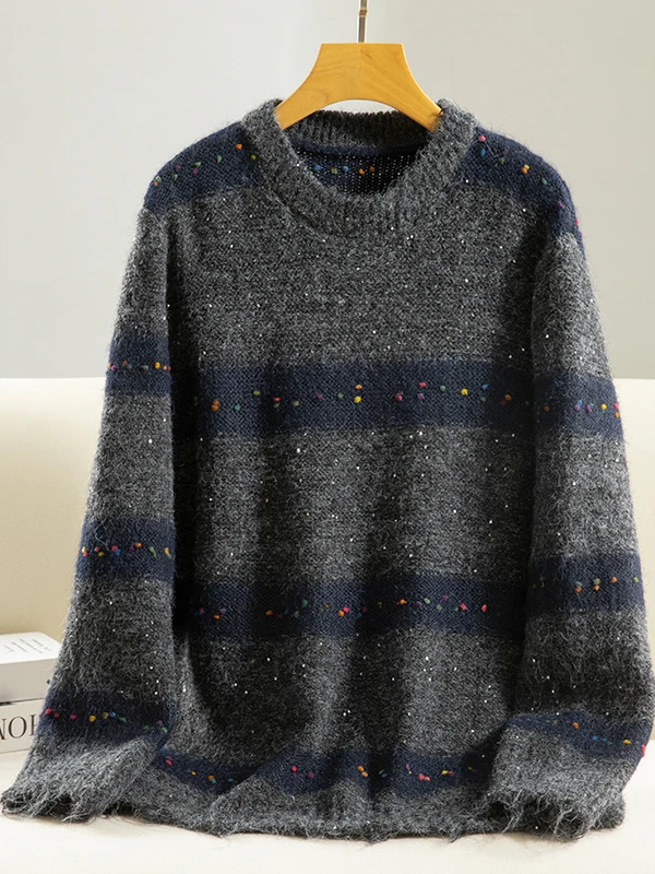 

Корейский японский элитный ретро круглый пуловер Ne, вязаный свитер, женский свитер больших размеров в полоску с блестками