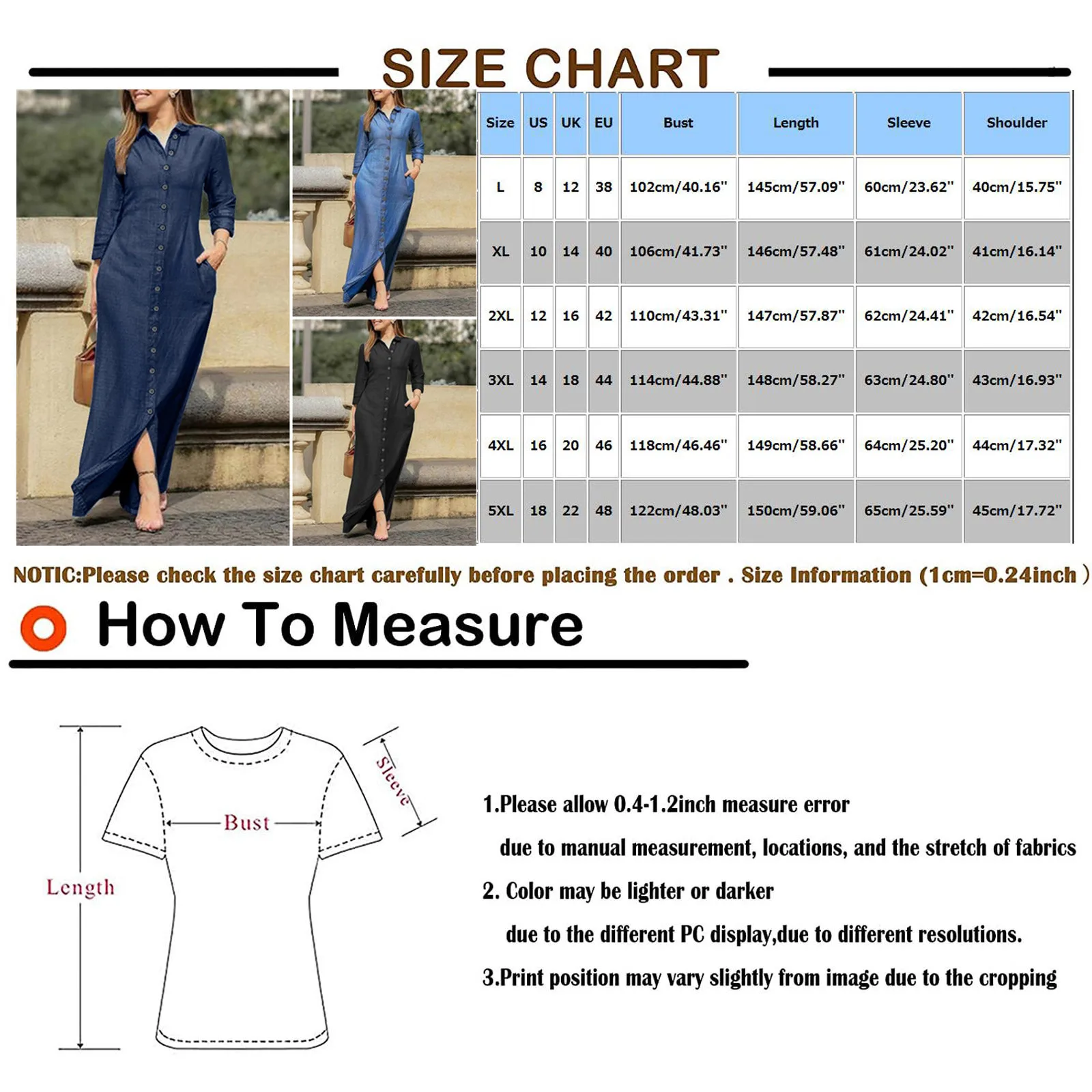 فستان قميص نسائي من الدنيم بأكمام طويلة ، فستان ماكسي ، جيوب واحدة الصدر ، حجم كبير ، طية صدر السترة بسيطة ، أنيق