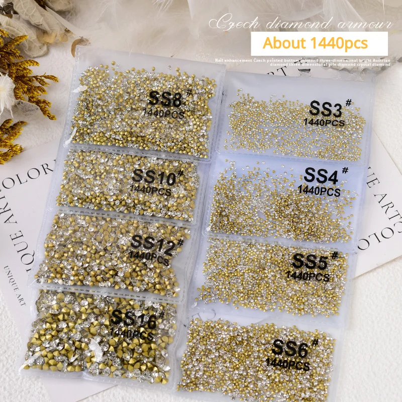 1440pcs Pointed Bottom White Rhinestone Sparkling Glass Clear Crystal Diamond SS3-SS16 DIY Nail Gemstone Decorations