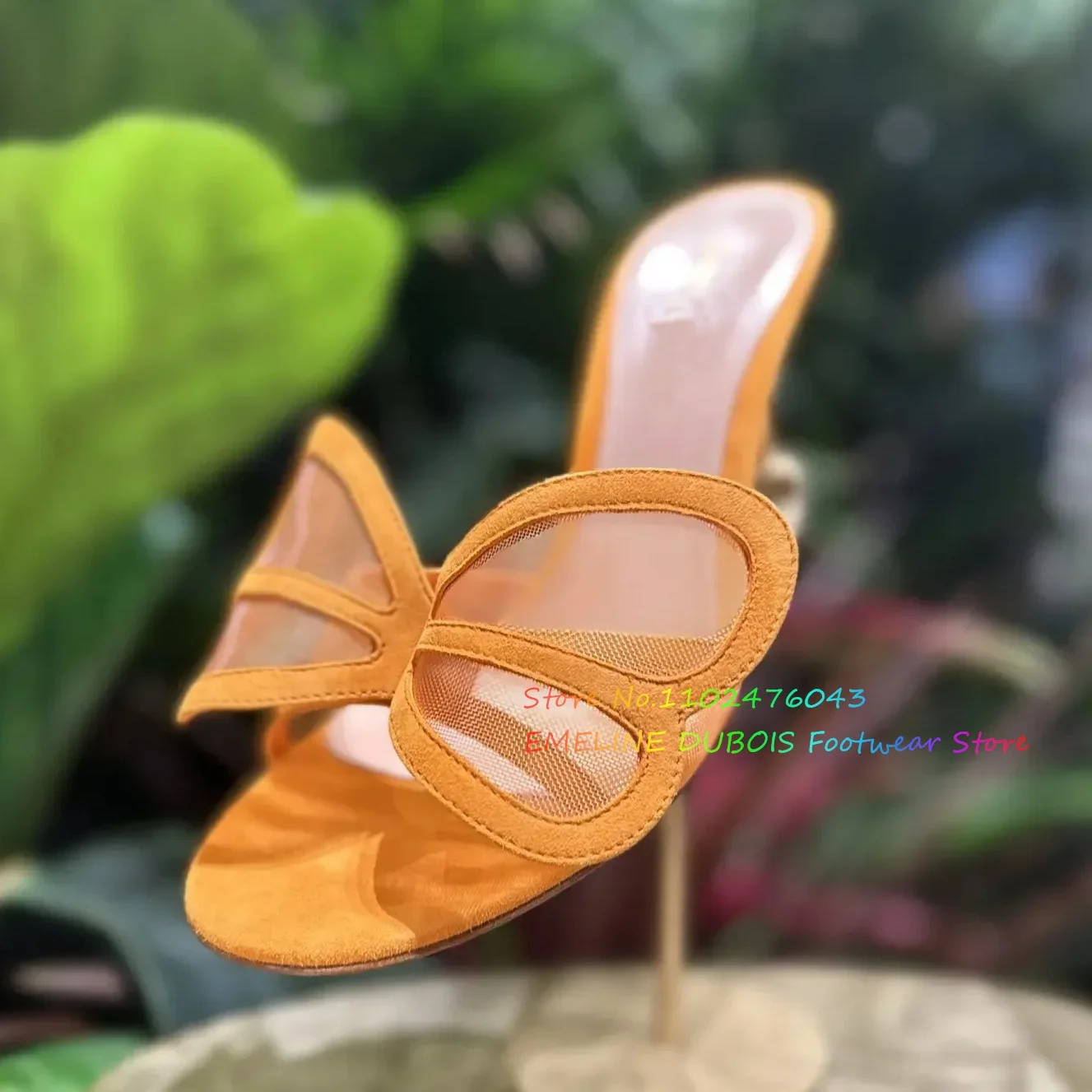 

Оранжевые замшевые сетчатые сабо в форме бабочки, женские слипоны на высоком каблуке с открытым носком, однотонные новые летние тапочки для девочек