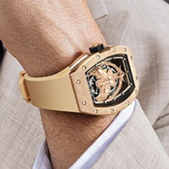 BONEST GATTI ساعة أوتوماتيكية للرجال 50 مللي متر Tonneau ساعة اليد الميكانيكية الياقوت مضيئة الهيكل العظمي النسر الهاتفي حزام مطاط الفلور