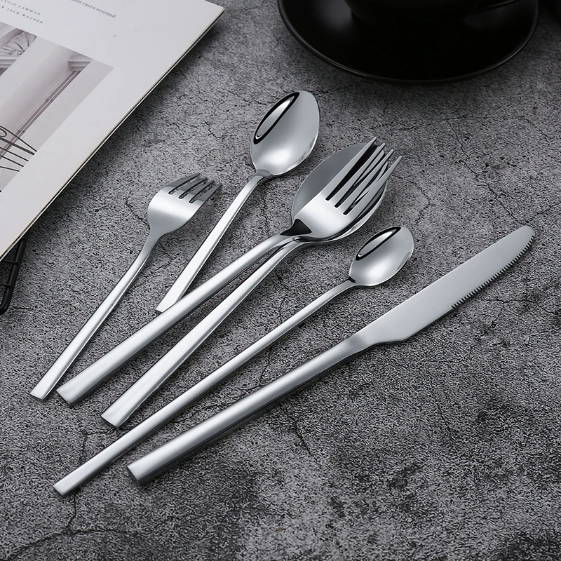 1Pcs Stainless Steel Black Cutlery Knife Fork Spoons Square Handle Tableware Coffee Ice Spoon Dessert Fork Polished Dinnerware