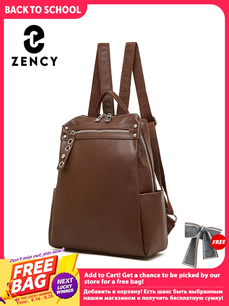Zency Backpack Large Capacity Women's Business Travel Vintage Rucksack Vegetable Tanned Cowhide Leather Top Layer Designer Bag