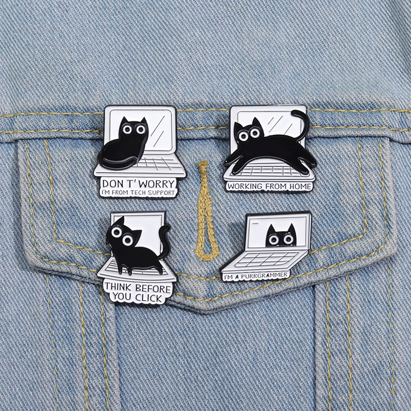 Punk Black Cat Enamel Pins Computer Cat Funny Cartoon Animal Brooches Lapel Badge Backpack Clothes Jewelry Accessories Gift