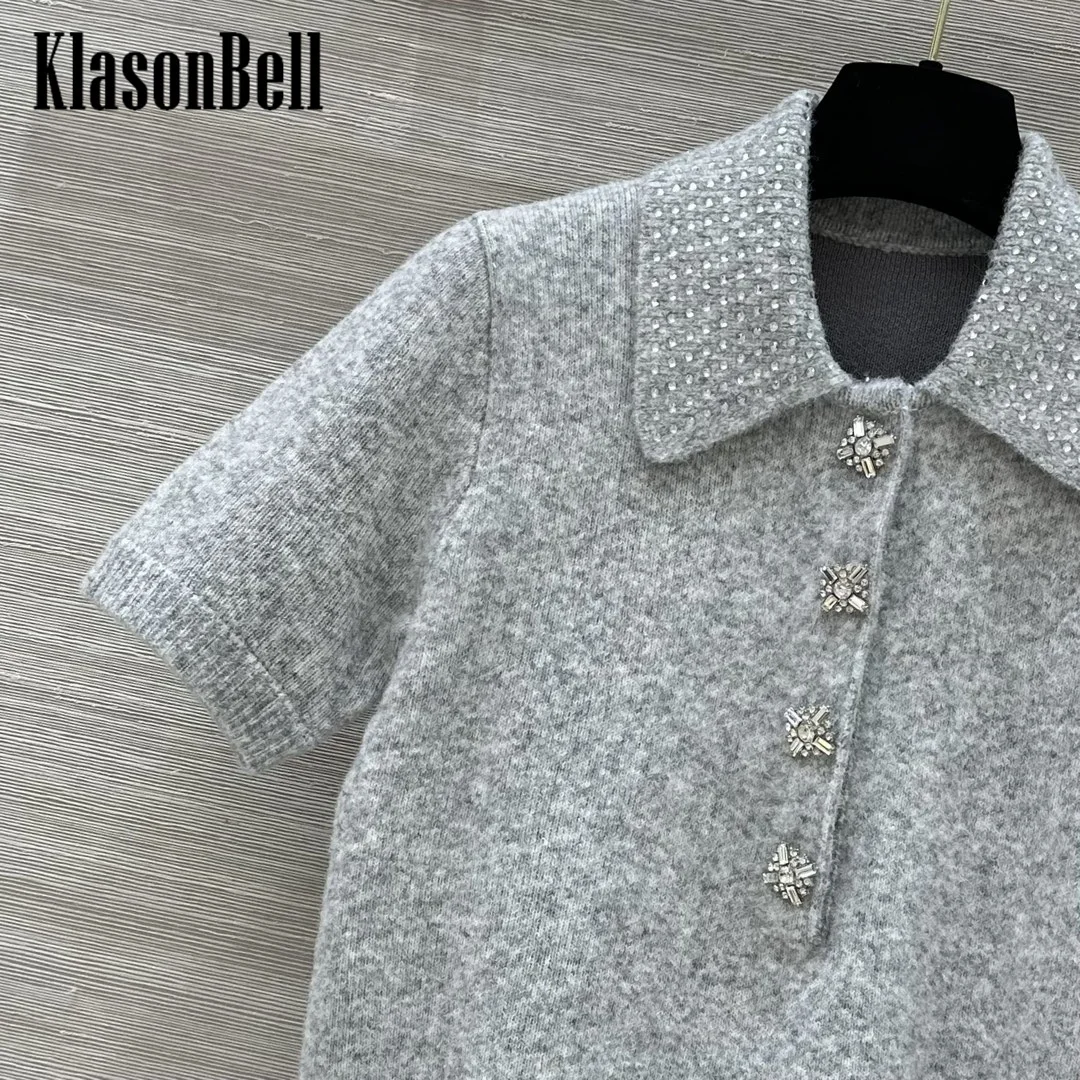 9.2 KlasonBell Women\'s Fashion Crystal Lapel Short Sleeve Knitwear Diamonds Button Decoration Temperament Sweet Style Sweater