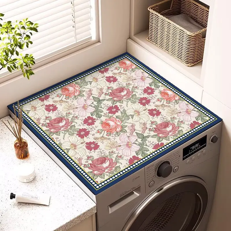 Flowers Washer Dryer Dust Cover Creative Washing Machine Dust Cover Pad Fast Drying Absorbent Protector Mat Laundry Room