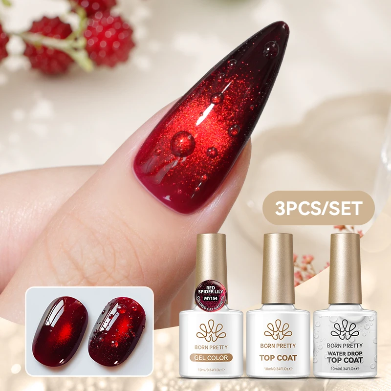 BORN PRETTY 3PCS Gel Nail Polish Set Glitter Red Cat Magnetic Soak Off Gel Polish With Water Drop Top Coat For Manicure DIY