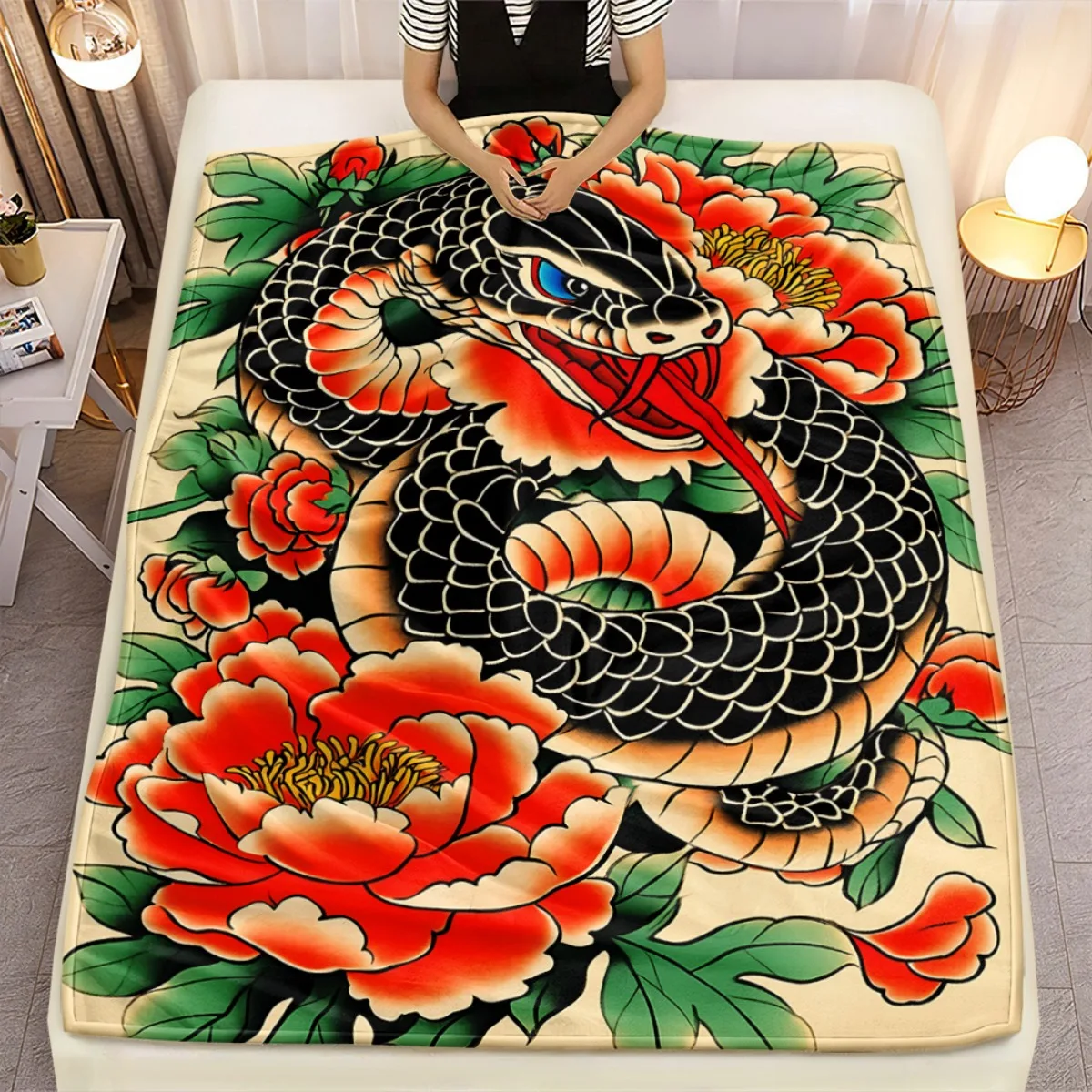 Japanese Snake Peony Tattoo Art Flannel Blanket Oriental Dragon Style Soft Fleece Throw Blanket