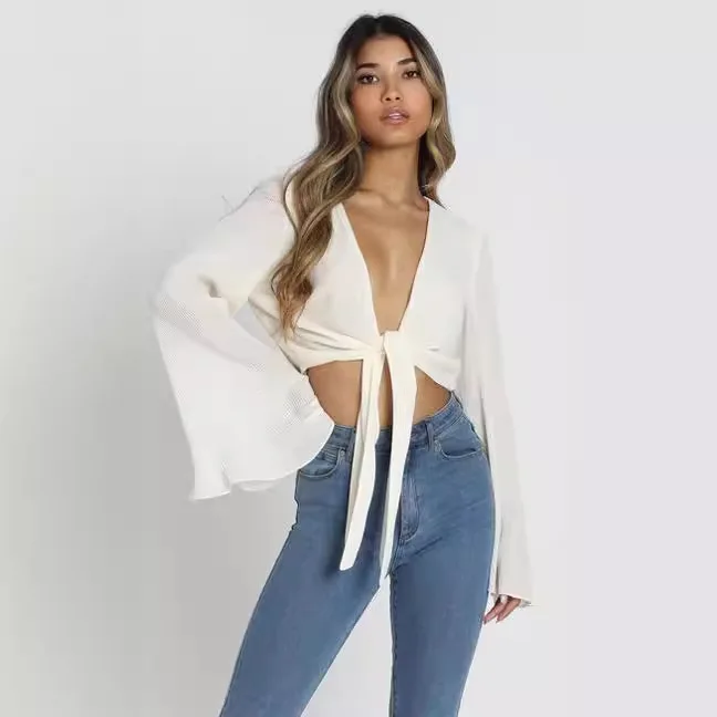 

Summer New Women's Sexy Pure Color Sunscreen V-neck Tunic Shirt with Pleated Flared Sleeves And Belt for Ladies Fashion