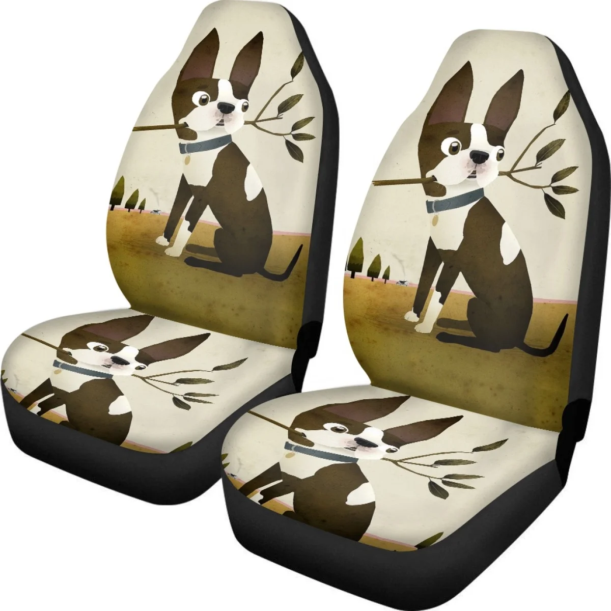 Cute Animal Boston Terrier Pattern Set of 2 Car Interior Decor Car Seat Cushion Anti-Slip Breathable Seat Protector Seat Covers