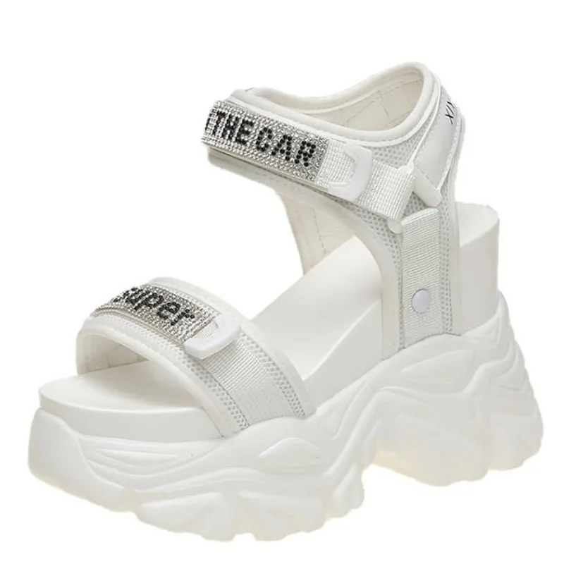 

New Summer Black Women High Platform Sandals 11CM Wedge Heels Bling Slippers Peep Toe High Heels White Leather Chunky Flip-Flops