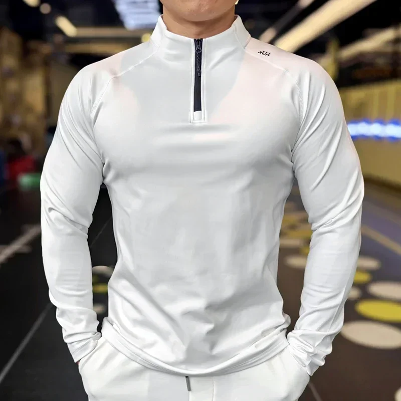 Jesienna męska koszulka sportowa Slim Fit Okrągły dekolt Długi rękaw Koszula z zamkiem błyskawicznym Koszulka treningowa na siłownię Dres do biegania na świeżym powietrzu