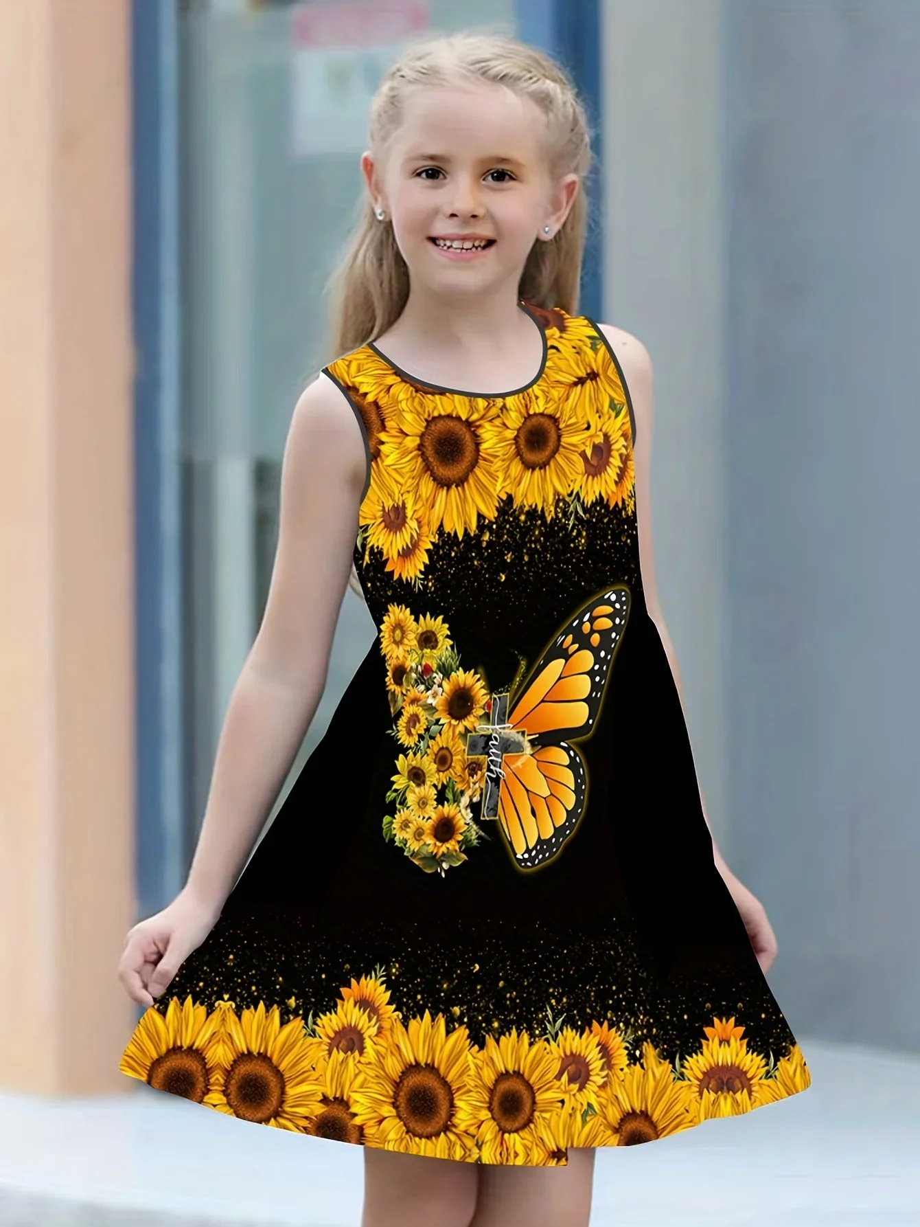 Girls Sunflower Print Sleeveless Dress Loose Fit And Comfortable Round Neck Summer Dress Kids Clothes