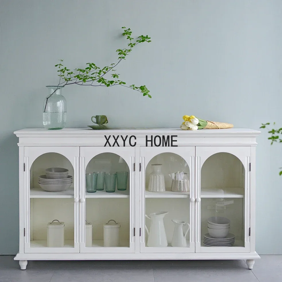 

European Style French Country Style White Vintage Glass Door Sideboard Cabinet Hallway Storage Curio Cabinet