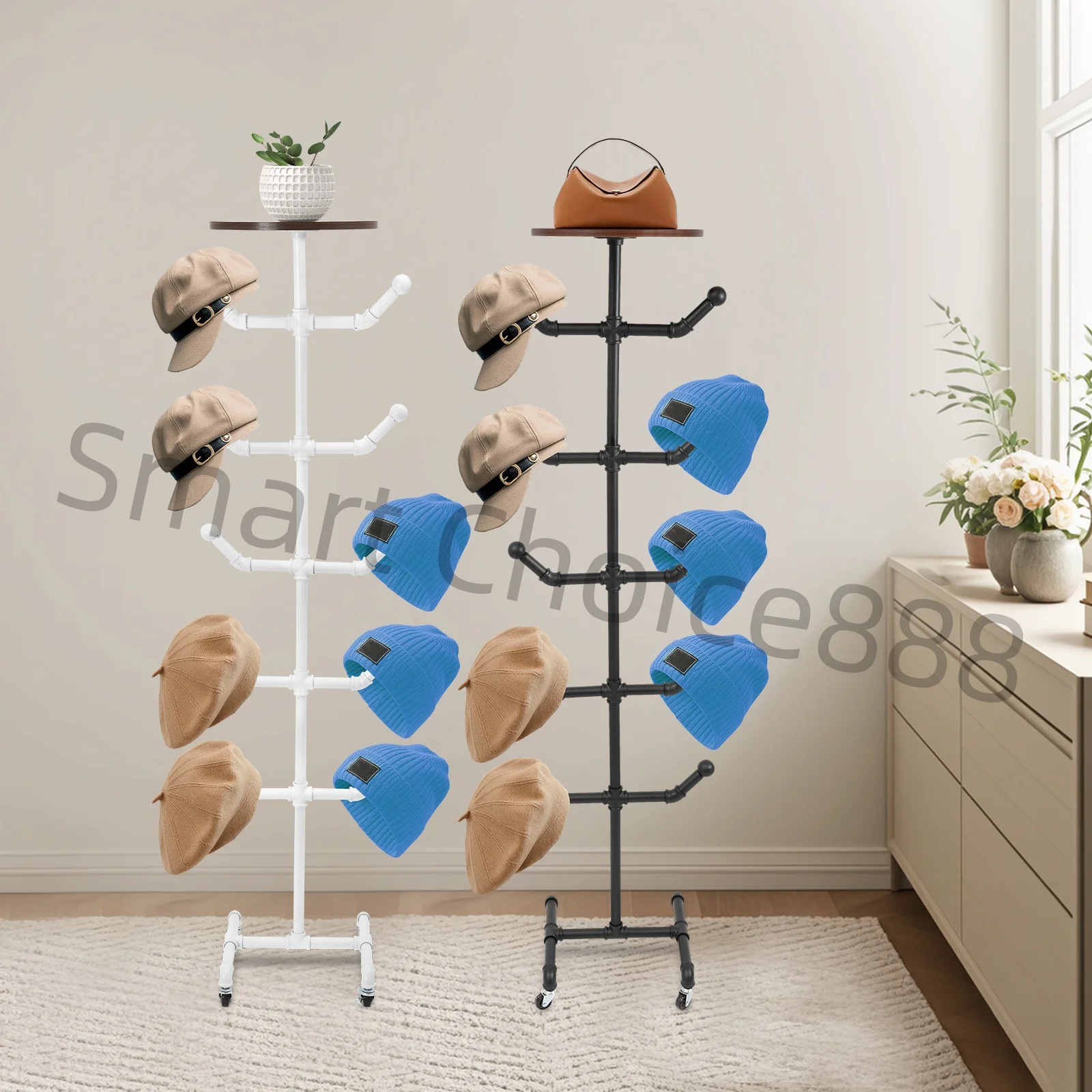 

10-Piece Hat Display Rack Silver Industrial Style Handbag Storage Hange Clothing Display Stand Black/White Home Store