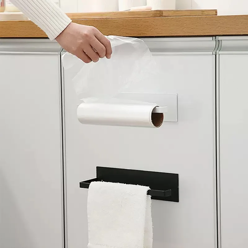 1 Pc Carbon Steel Under-Cabinet Tissue Rack Punch-Free Kitchen & Bathroom Paper Towel Holder Plastic Wrap Storage Organizer