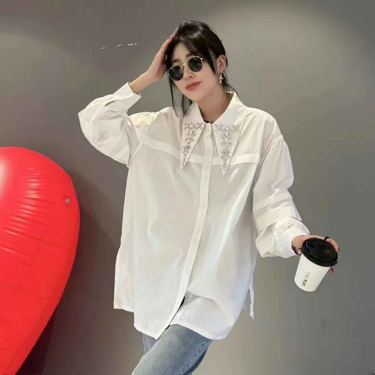 Korean Popular Clothes Diamonds Stitch Collar Elegant Blouse Spring  All-match Tops  Lantern Long Sleeve Loose Casual Shirts