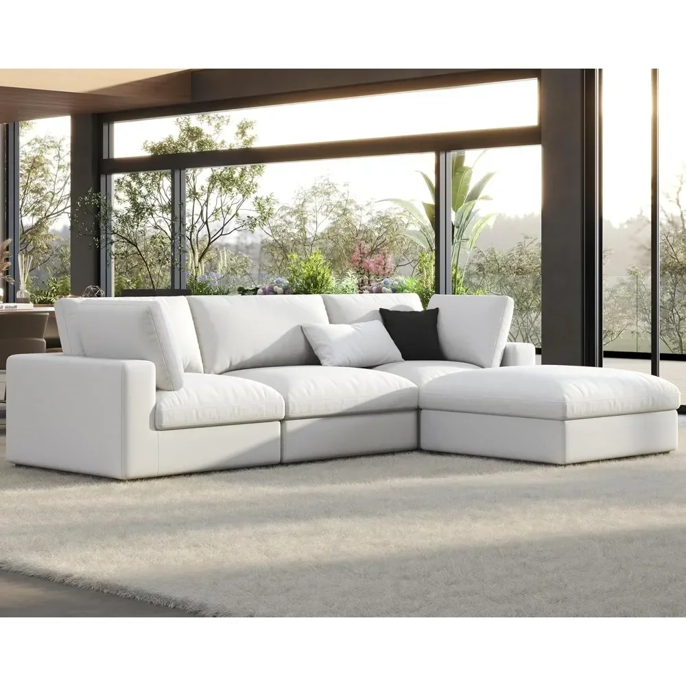 L-shaped sofa, 114 Inches Oversized Down Filled Sectional Sofa, 4 Seats L Shaped Comfy Couch with Chaise, Ottoman, Sofa