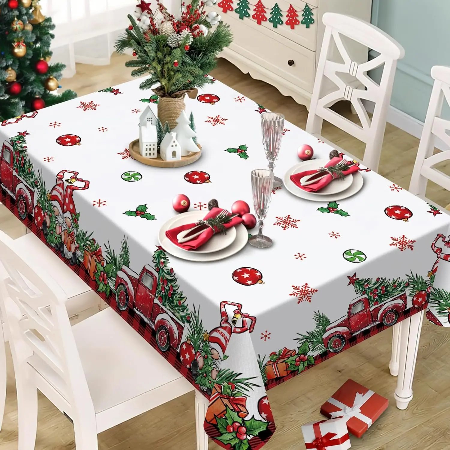 Christmas Gnomes Truck Rectangle Tablecloth Party Decor Xmas Tree Balls Snowflakes Holly Berry Table Cloth Christmas Decorations