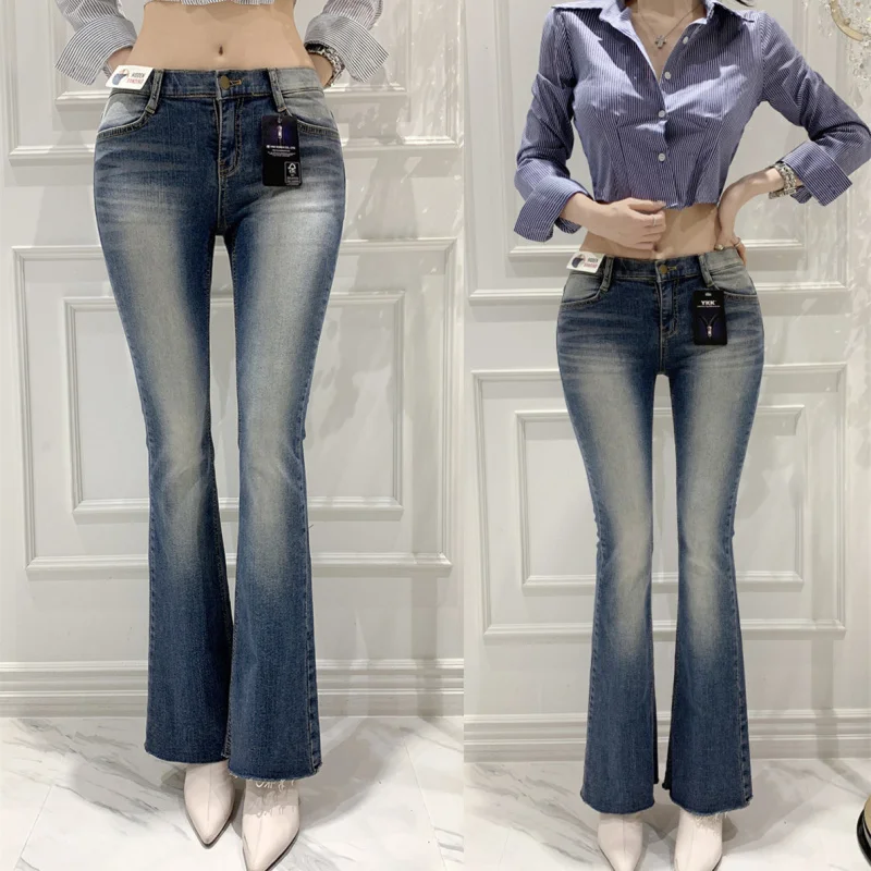 

Retro washed blue low-rise flared jeans for women, Korean style, new design, slimming, stretchy, slim-fit, stylish long pants