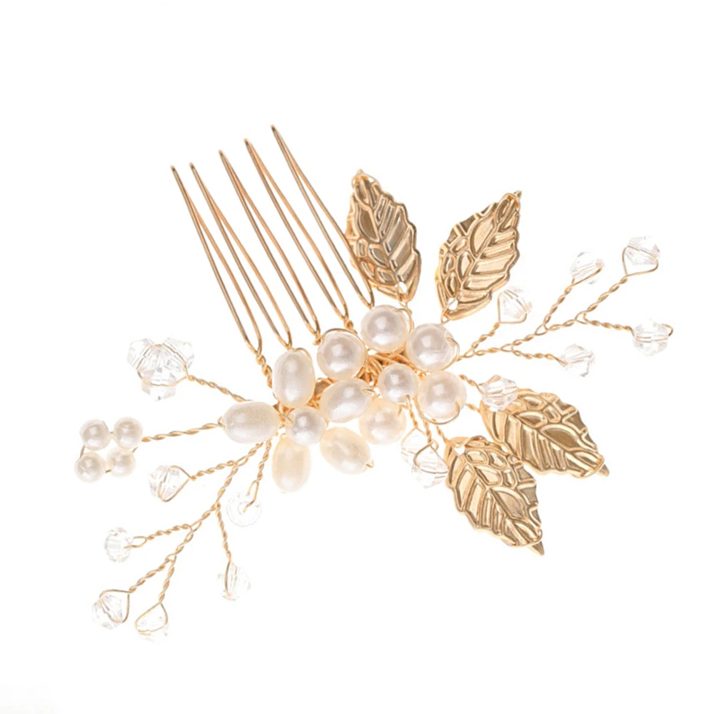 2 Pcs 5-Teeth Girl's Hair Combs with Hypo-allergenic Gold Alloy Pearl Leaf Shape for Bridesmaid Wedding Dating Shopping