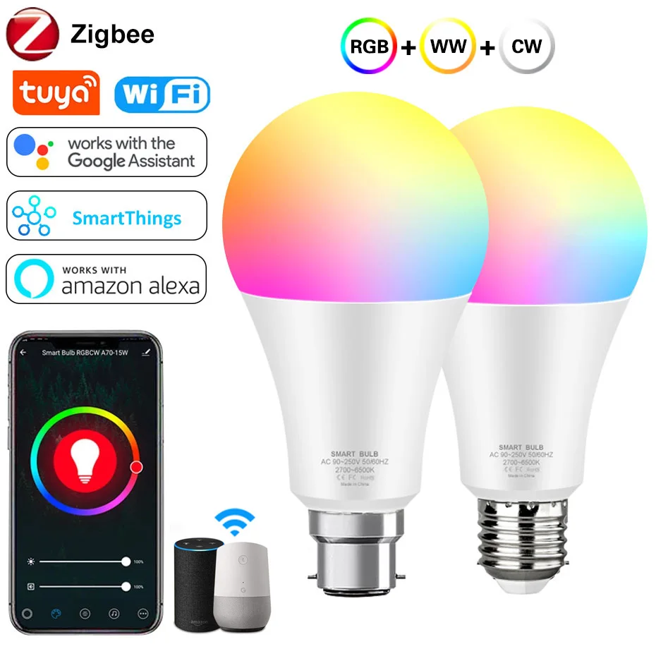 

Zigbee Tuya Smart LED Lights Bulb 18W RGB E27 B22 Wifi Lamp Dimmable Voice Control 220V 110V Alexa Google For Home Decoration