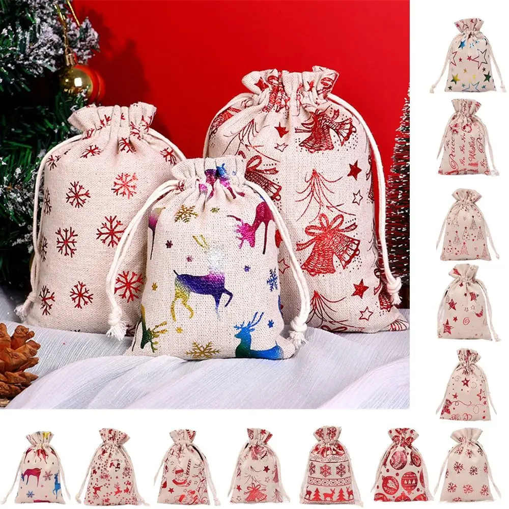 

10Pcs Linen Christmas Candy Cotton Bag Hot Gold Snowflake Christmas Bronzing Gift Bag Printing Santa Claus Christmas Gift Bag