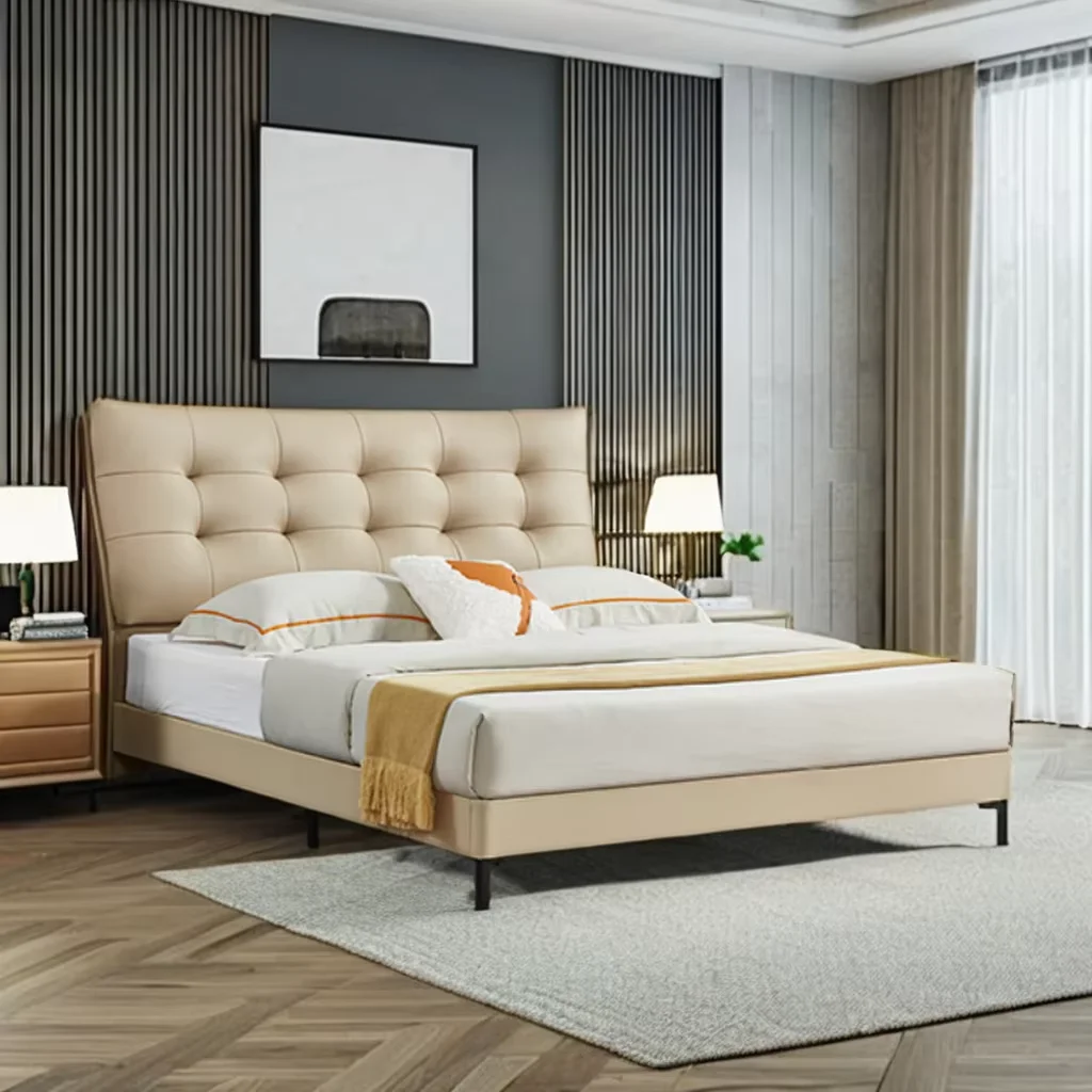 #Italian Minimalist Leather Bed Modern High Quality Soft Master Bed Solid Wood Frame Flush Side Double Bed