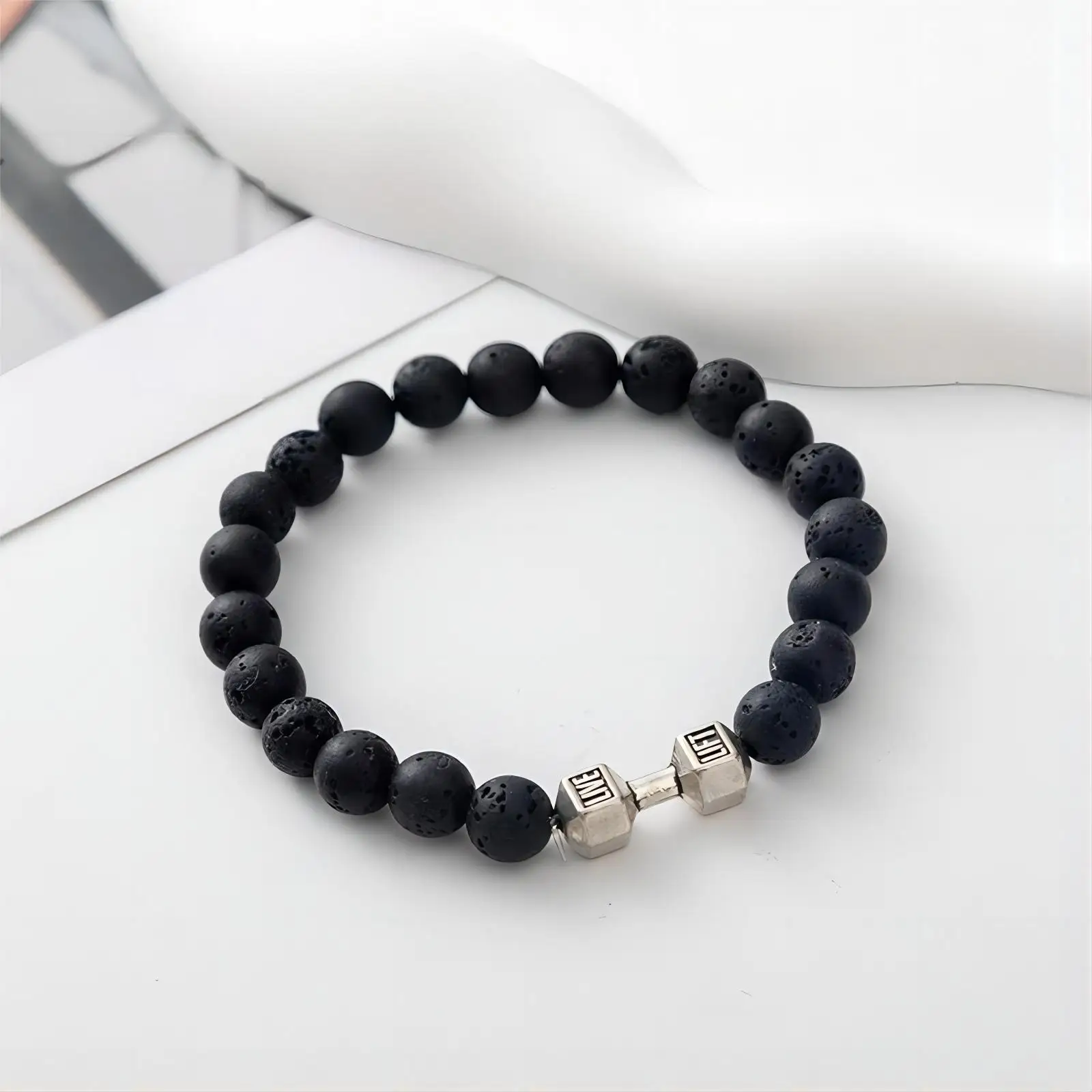 1pc Natural Black Volcanic Lava Stone Dumbbell Bracelet Black Matte Beads Bracelets For Women Men Fitness Barbell Jewelry Pulser