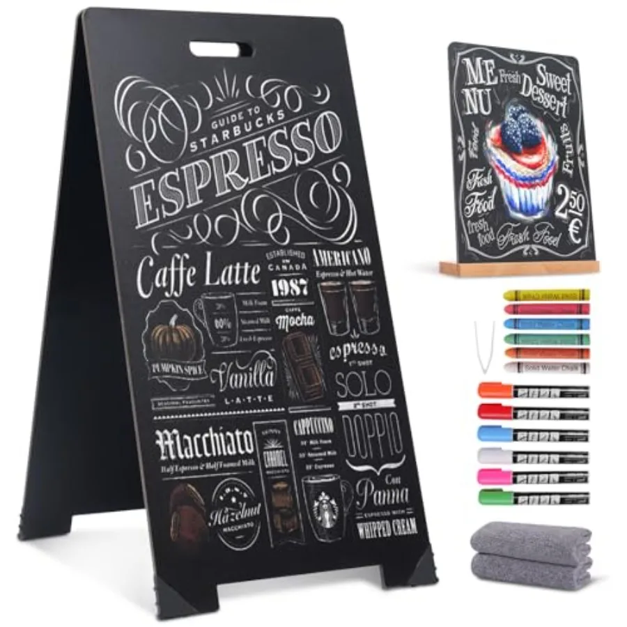 

A-Frame Chalkboard Sign 16" x 32" Double-Sided Sandwich Board with 8x12 Mini Chalkboard Liquid and Solid Chalk Markers and Clot