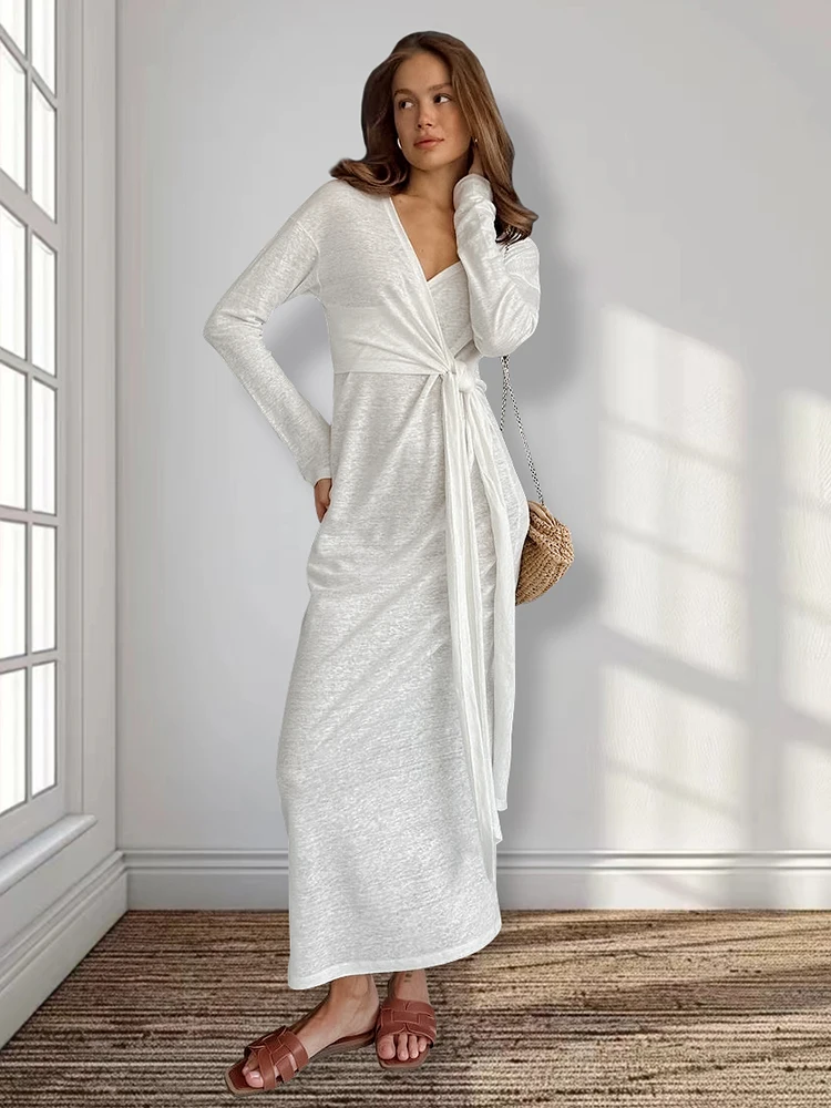 HiLoc Elegant Knitted White Robe Pajamas Women Fashion Solid V-Neck Long Sleeve Dress Elastic Lace-Up Long Robe Nightwears Sexy