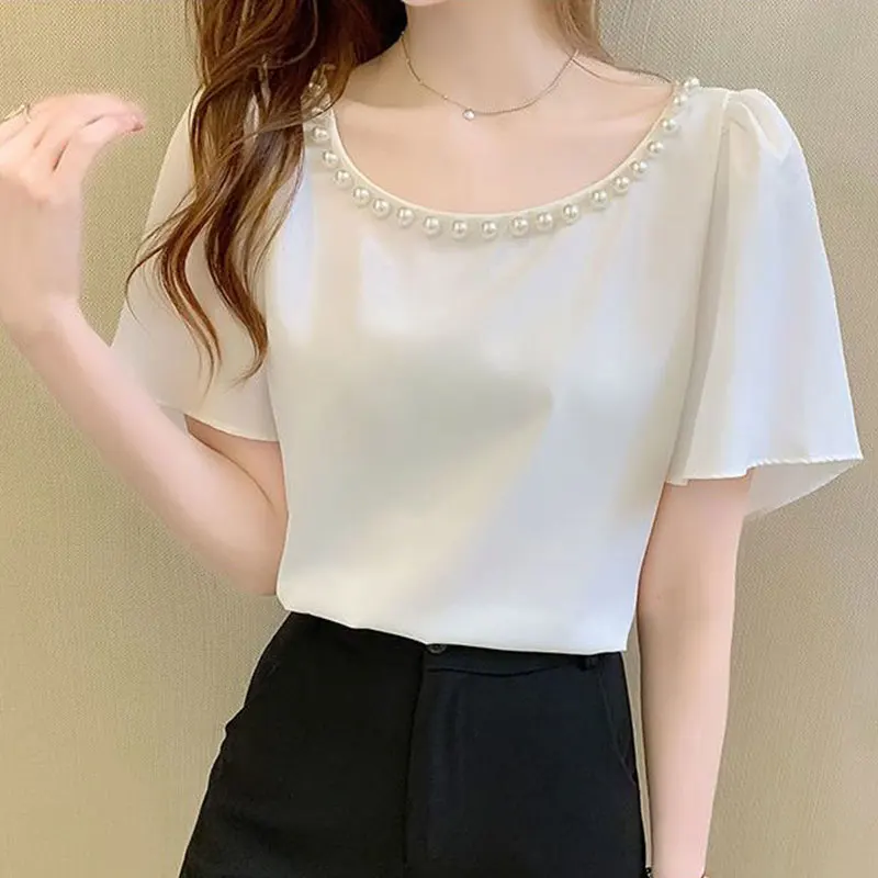 Women Loose Short Sleeve Chiffon Tops, Monochromatic, O-neck, Temperament, Office Lady, Casual Simplicity Fashion Summer Clothes