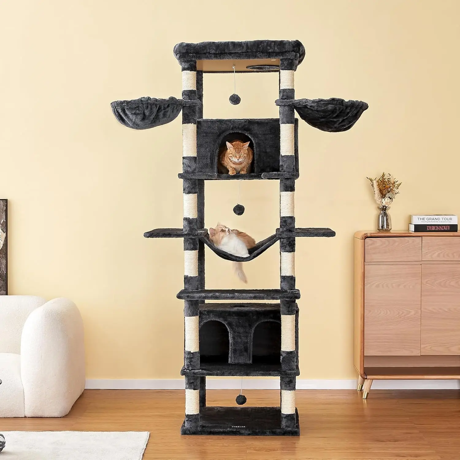 

Large Cat Tree,77.6-Inch Tall Tower for Indoor with 2 Large Condos, Multi-Level Stand for Large with 3 Hammocks