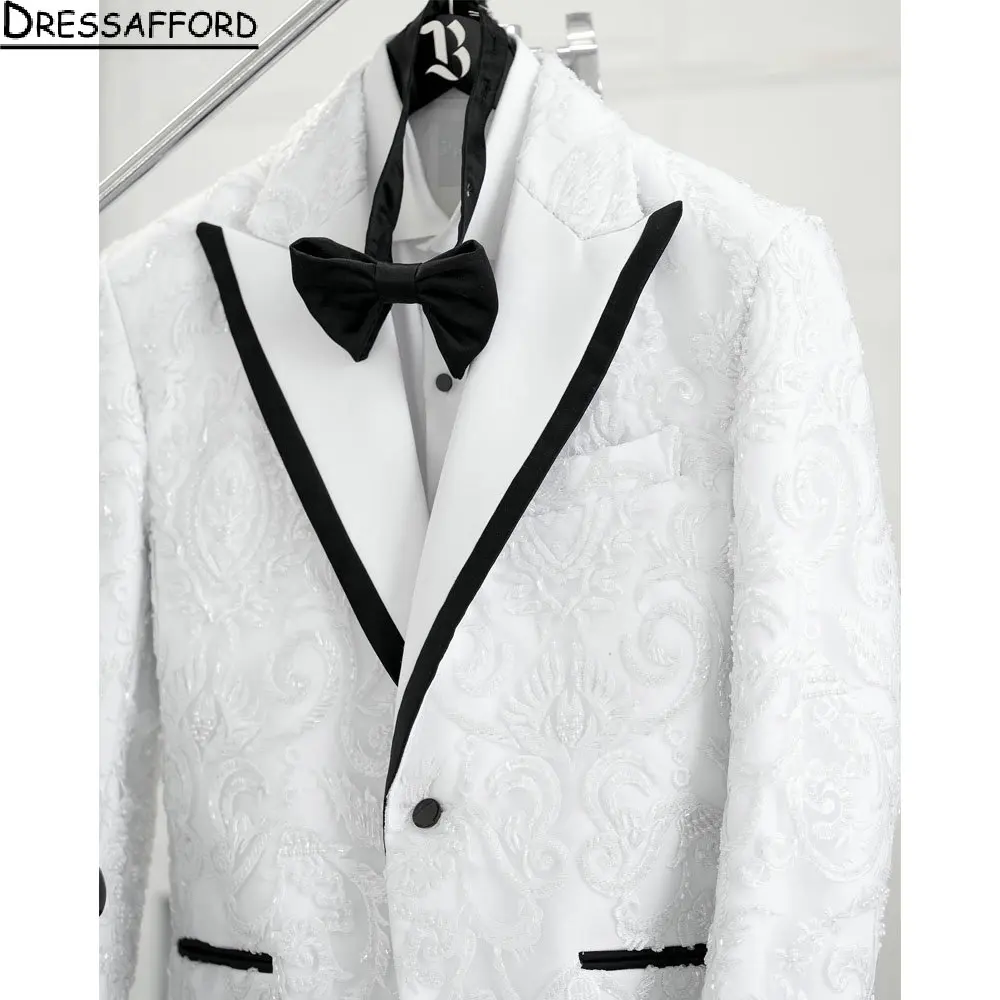 White Pearls Beading Lace Men Suits 2 Piece Fashion Business Casual Wear Party Wedding Groom Tuxedo Jacket Pants