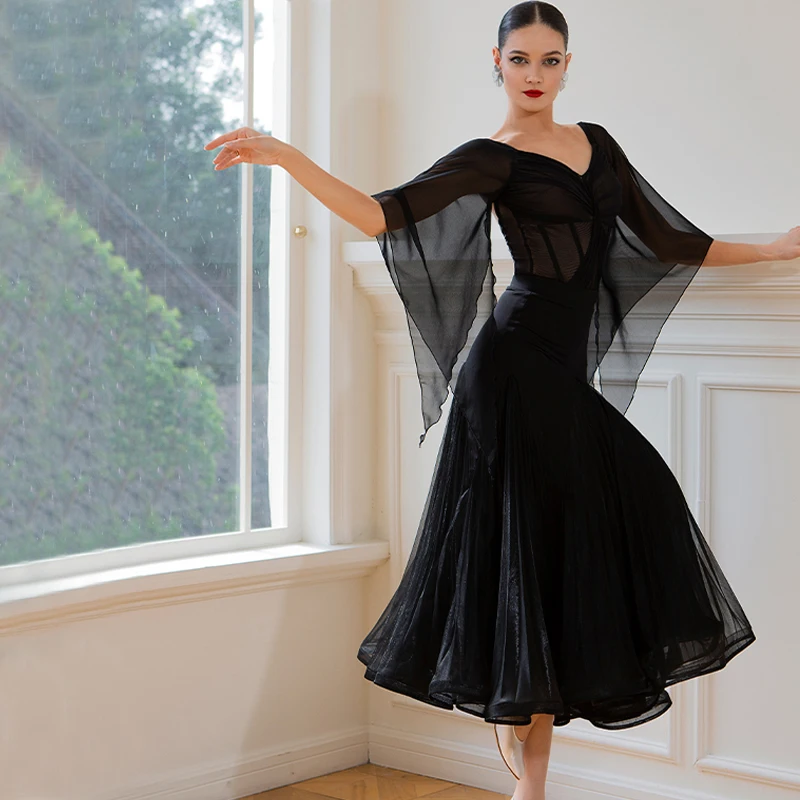 Black Floating Sleeves Latin Top Cake Skirt Female Waltz Ballroom Dance Competition Clothes Adults Stage Performance Dress 10239