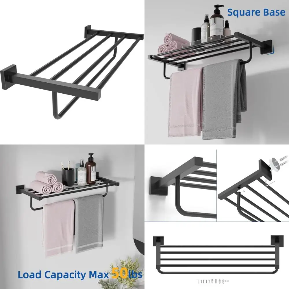 

24-дюймовая вешалка для полотенец из нержавеющей стали с квадратным основанием и вешалкой для полотенец для ванной комнаты, устойчивая к ржавчине полка для полотенец SUS 304 для домашнего использования