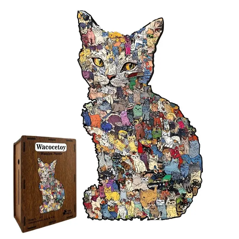 Puzzle en bois en forme de chat, 194 pièces, pièces de Puzzle irrégulières, cadeaux d'anniversaire et de noël pour les amoureux des chats, tirelire, décoration de la maison