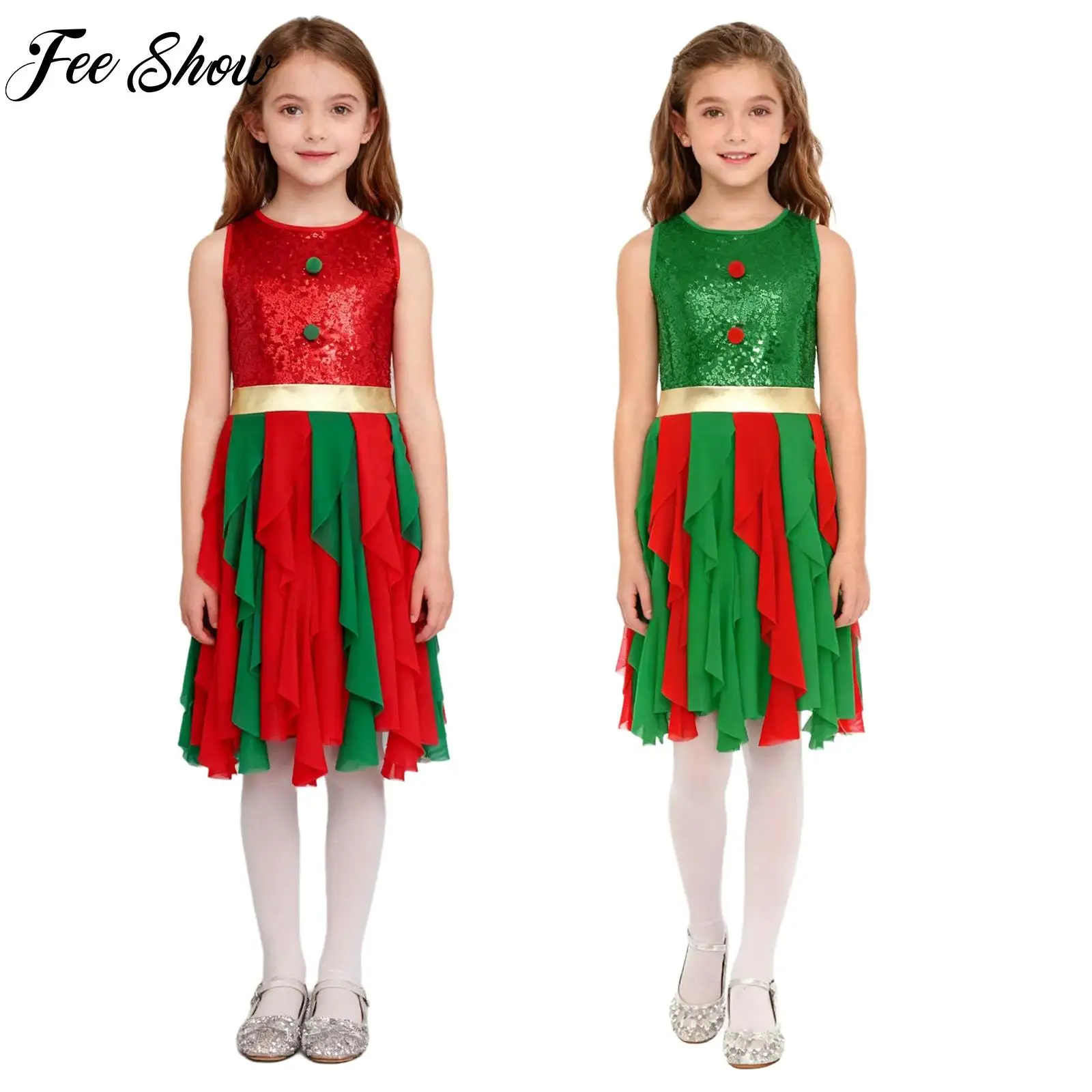 

Sparkly Sequin Figure Skating Dance Dress for Girls Christmas Princess Birthday Party Prom Costume Sleeveless Pompom Tulle Dress