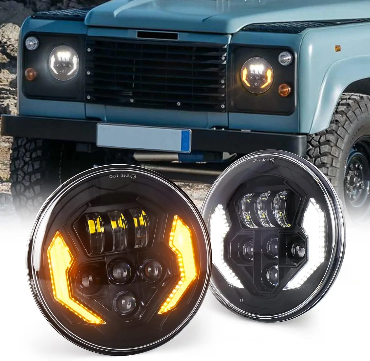 MOVOTOR 7 Inch Led Headlight with White DRL Amber Turn Signal Hi/Lo Beam for Defender 90 110 Jeep Wrangler JK JKU TJ CJ