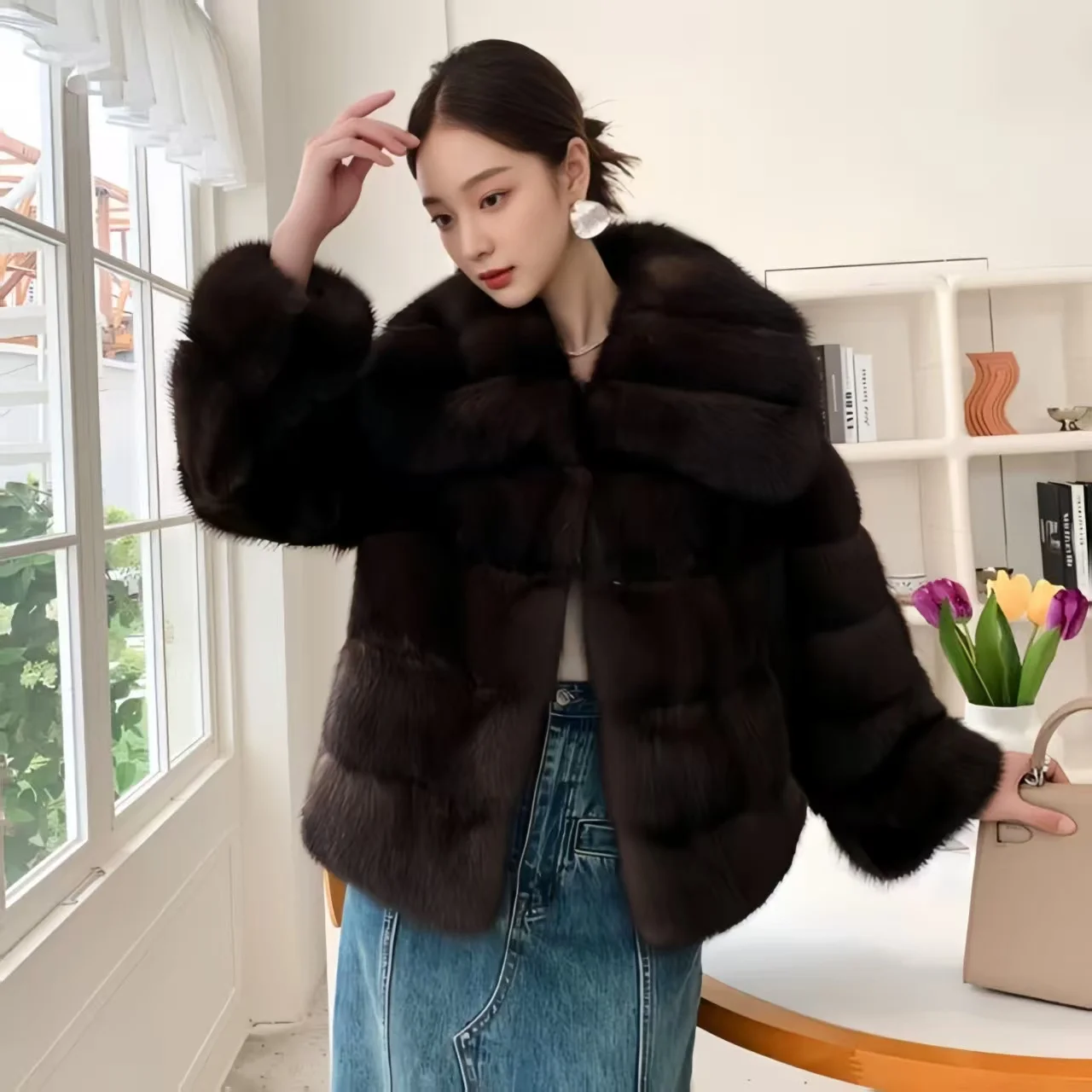 Faux Mink Fur Coat for Women,Covered Button Jacket,Turn-down Collar Outwear,Luxury,Korean,Autumn and Winter,2025
