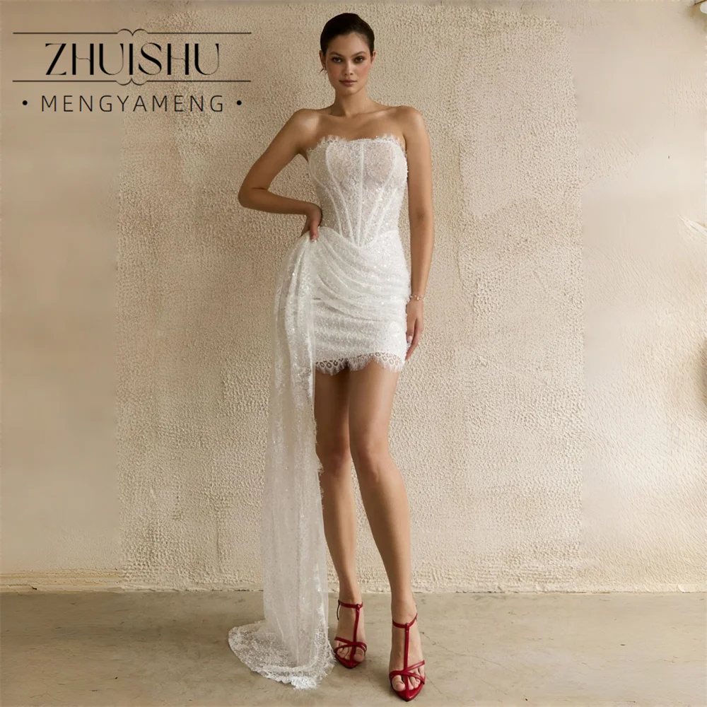 ZHUISHU Luxury Beading Lace Short Sheath Wedding Dress Strapless Open Back Women Bridal Party Gown свадебное платье Customized