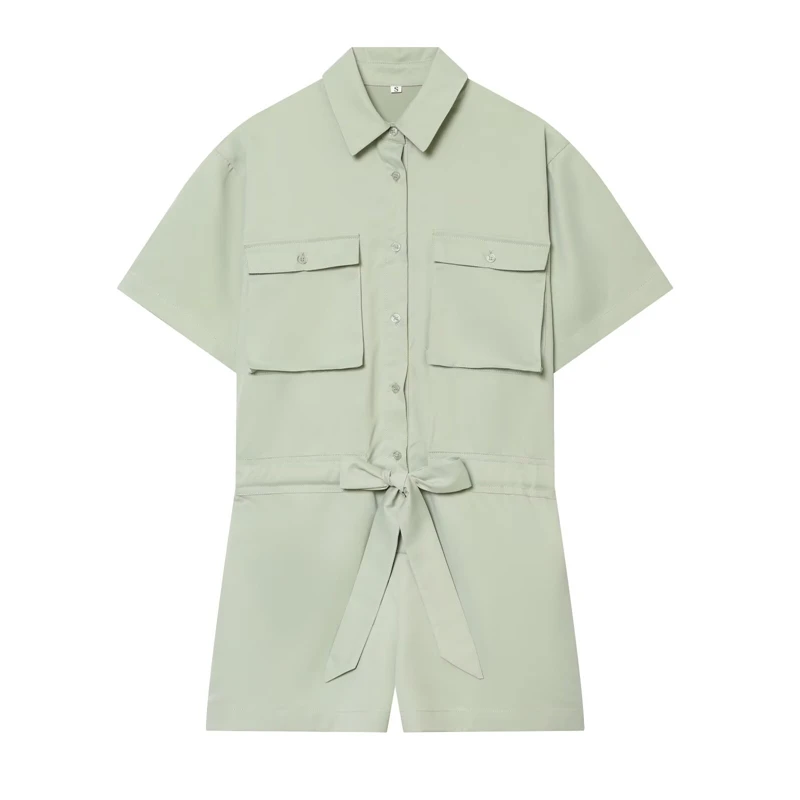 

2026 Summer New Women's Shirt Collar Short Sleeve Single-Breasted Belted Jumpsuit Straight-Leg Commuter Style