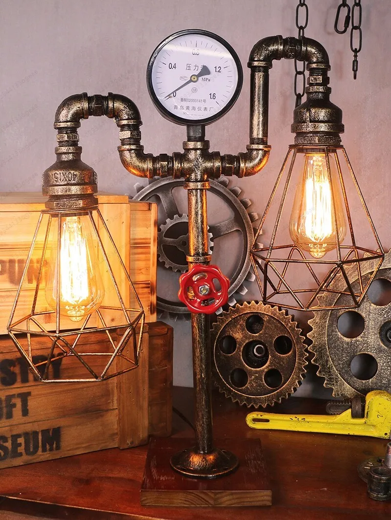 

Creative retro plumbing robot punk style industrial iron pipe desk lamp gift coffee bar