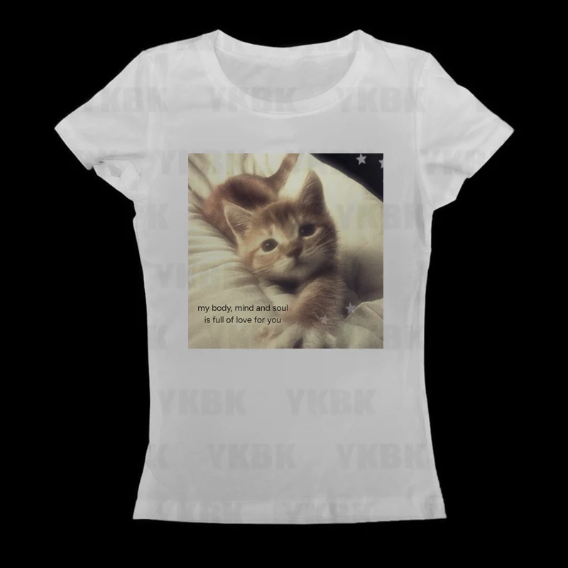 Kawaii Mädchen Kurzarm Print Kitty Cat Tees Y2k Stil Mode Tops Streetwear Frauen Harajuku Retro 90er Jahre Emo Casual Punk Baby