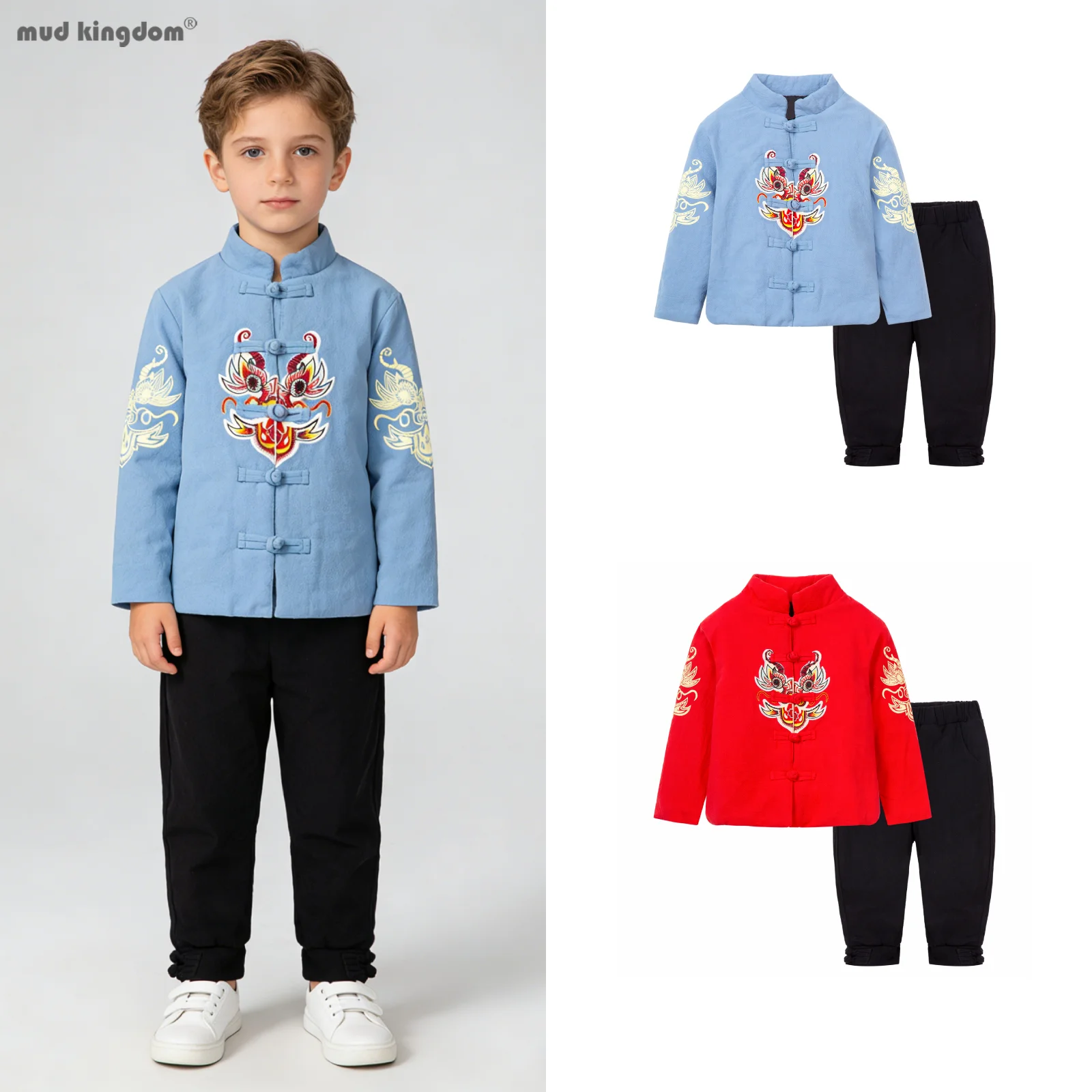 

Комплект Mudkingdom для мальчиков, костюм Тан, утепленная хлопковая куртка, брюки, теплая праздничная зимняя одежда с вышивкой на пуговицах в виде лягушки для маленького мальчика