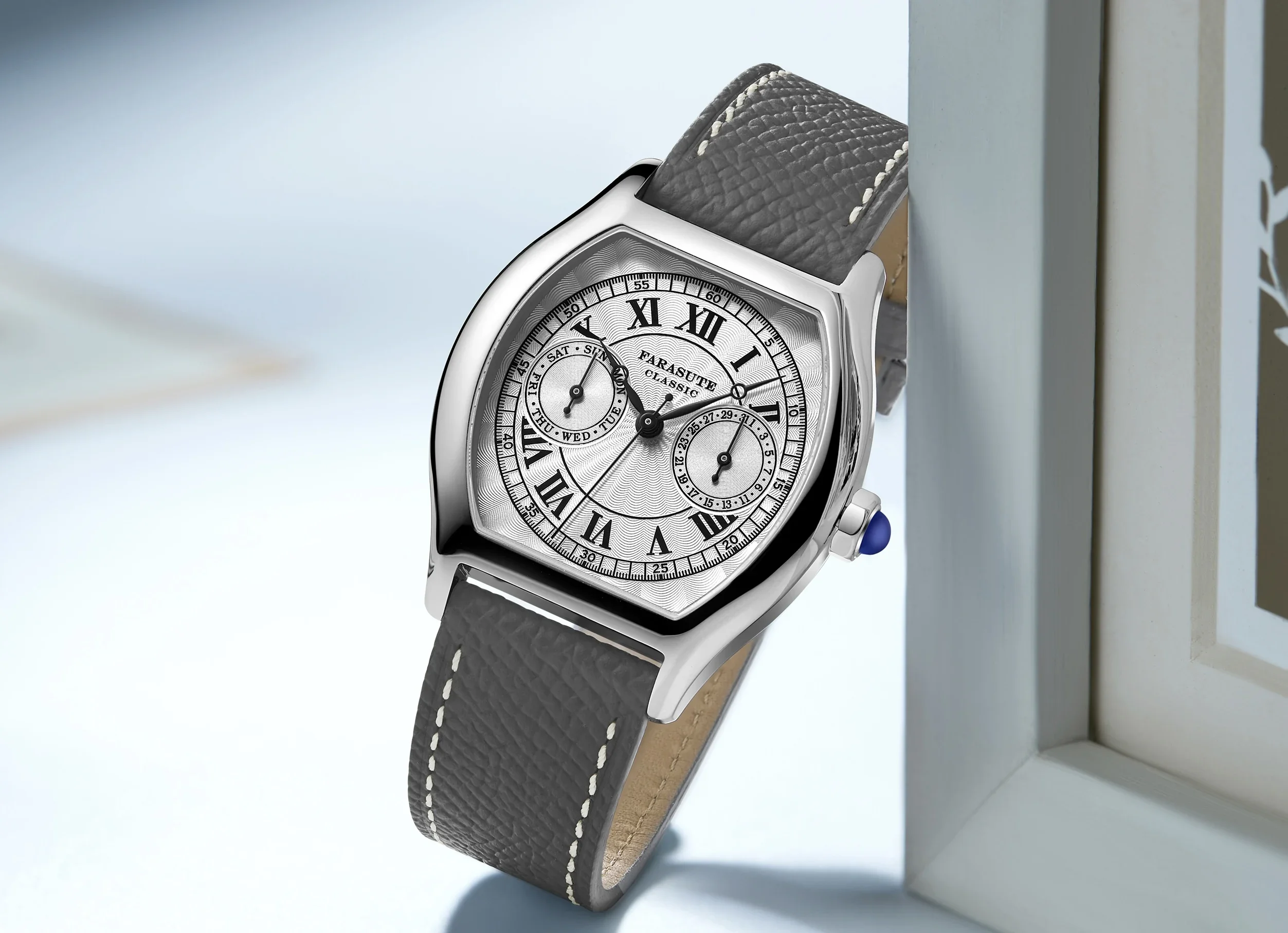 FARASUTE Orologio da uomo di lusso 36mm Tonneau Orologio da polso al quarzo Classico ginocchio spesso 9,4 mm Specchio zaffiro Multi quadrante Settimana Data Quadrante VH64