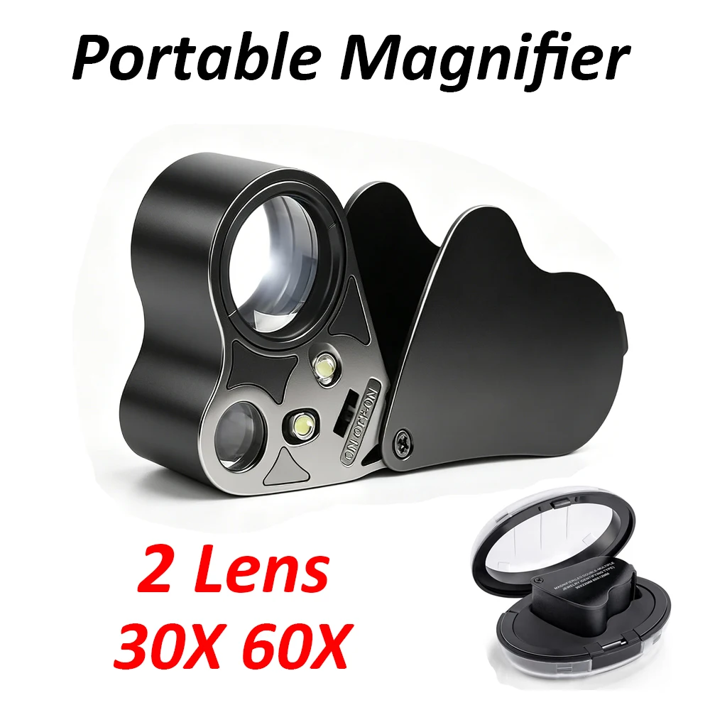 30X 60X Jewelers Loupe Magnifier Foldable Jewelry Magnifier Compact Magnifying Glass with ED Light Jewelry Loupe Magnifier
