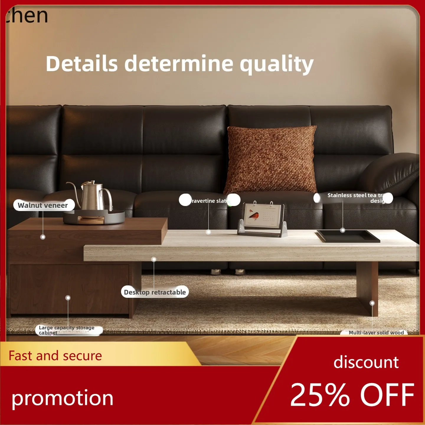 ZML Rock Slab Coffee Table Villa Living Room Simple Island Table Extendable Coffee Table