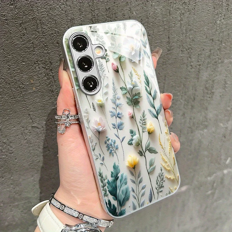 Full-screen fresh floral pattern glass phone case for Samsung Galaxy S26 S25 S24 S23 S22 S20 FE/Ultra/Plus anti drop Cover